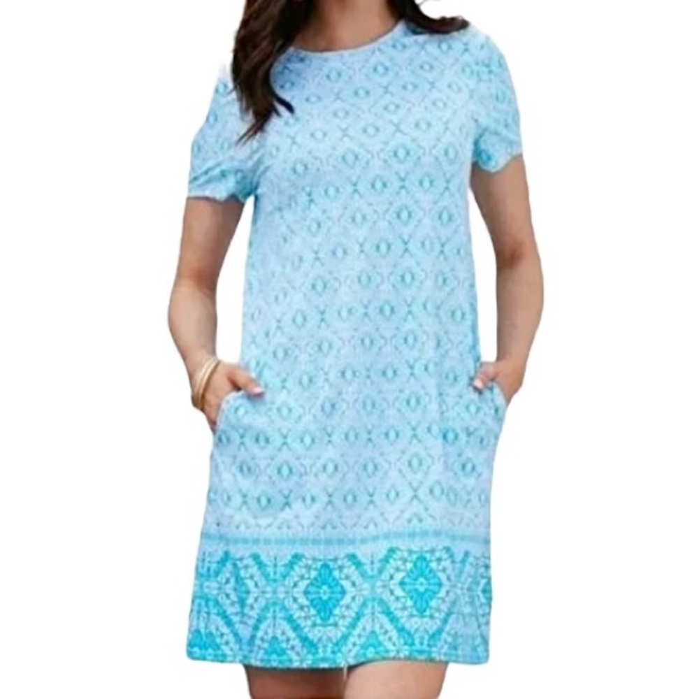 Cabana Life Crystal Lagoon Blue and White short Sleeve Midi Shift Beach Dress‎
